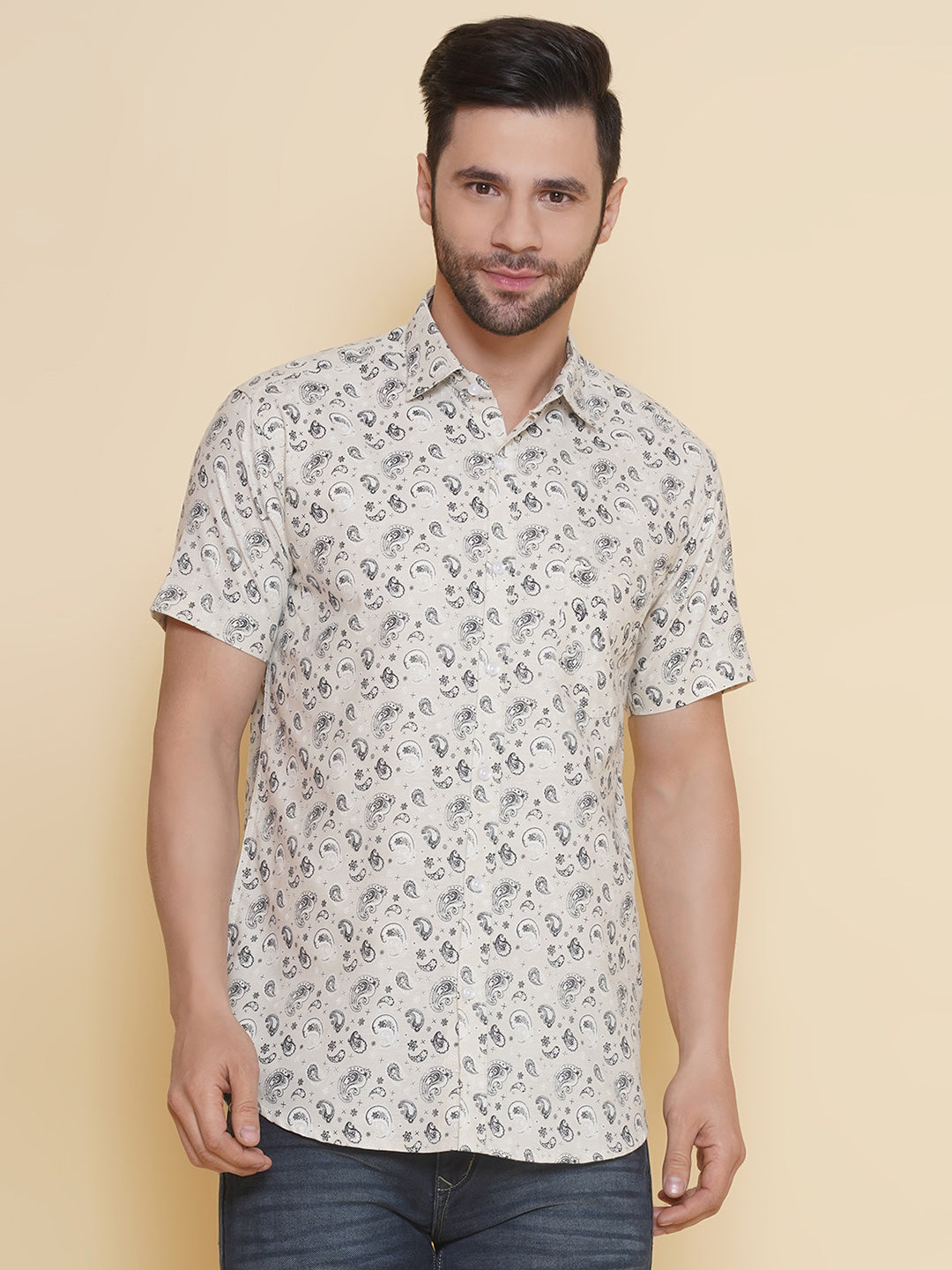 Louis Monarch Men Regular Fit Cream Printed Spread Collar Casual Half Shirt